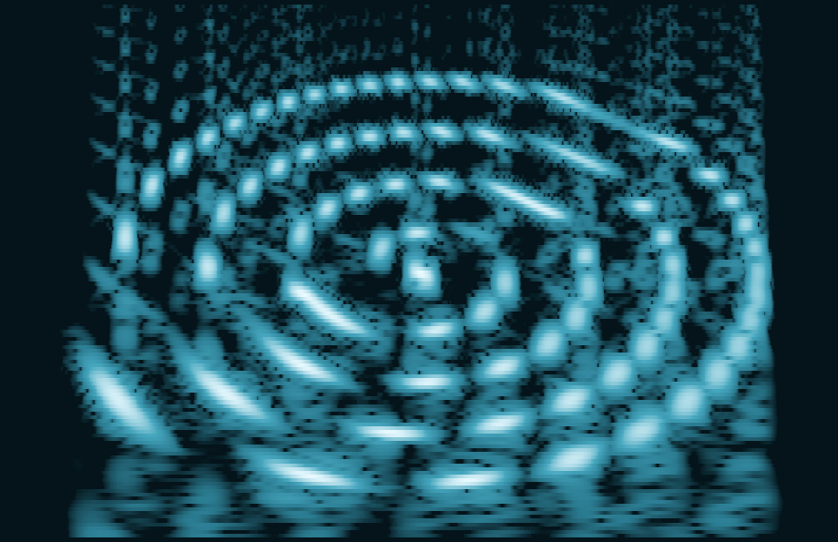A cochleagram: a teal spiral winding inward to a bright center.