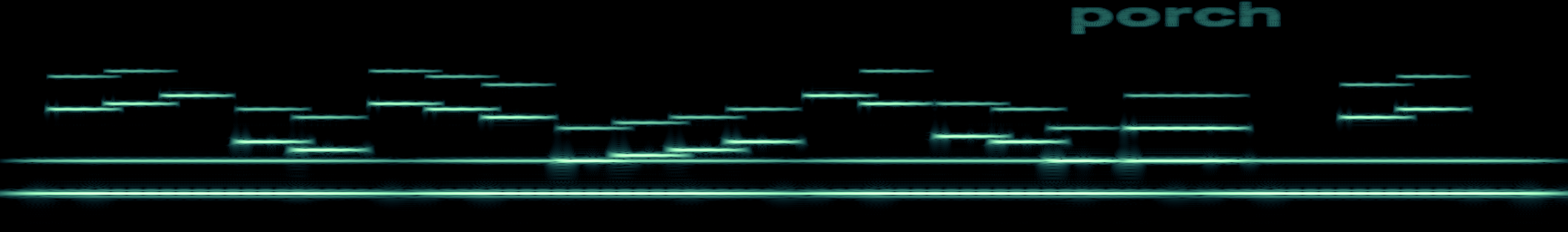 A cochleagram of twenty seconds: two low shelves that breathe, stepped voices taking turns above them, and near the top right, in thin stripes, a word
