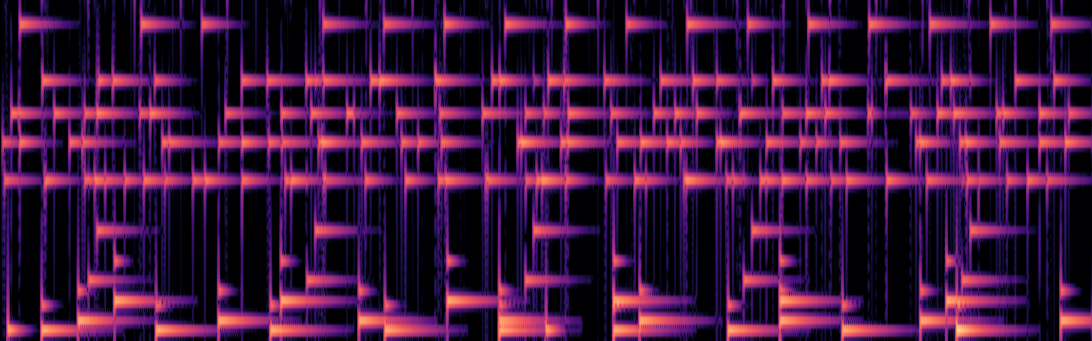 Spectrogram: nineteen horizontal voice-threads struck on independent clocks — a woven loom of parallel work